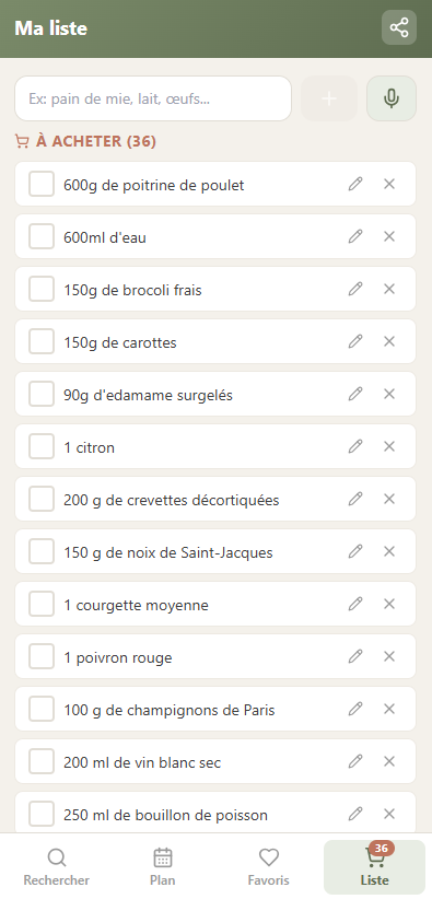 Écran : liste de courses