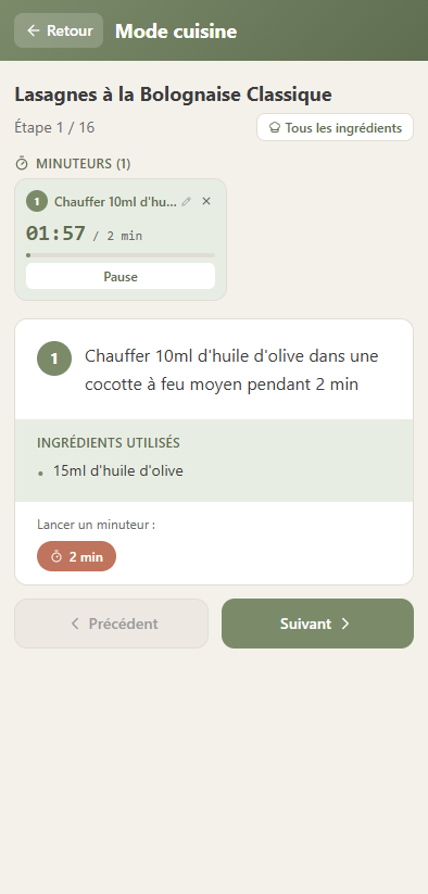 Écran : mode cuisine pas-à-pas avec minuteur