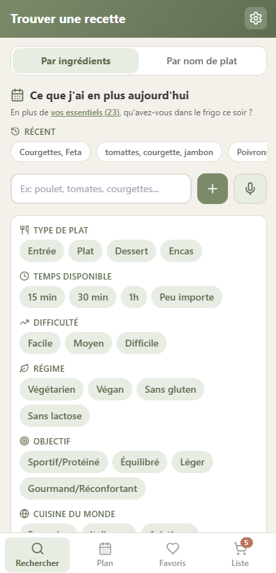 Écran : indiquer ses ingrédients du jour
