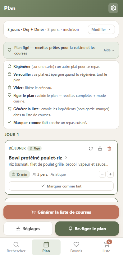 Écran : plan de repas de la semaine