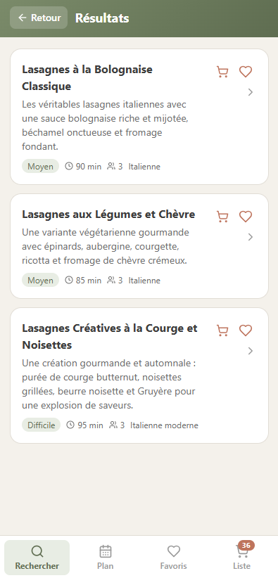 Écran : recettes proposées